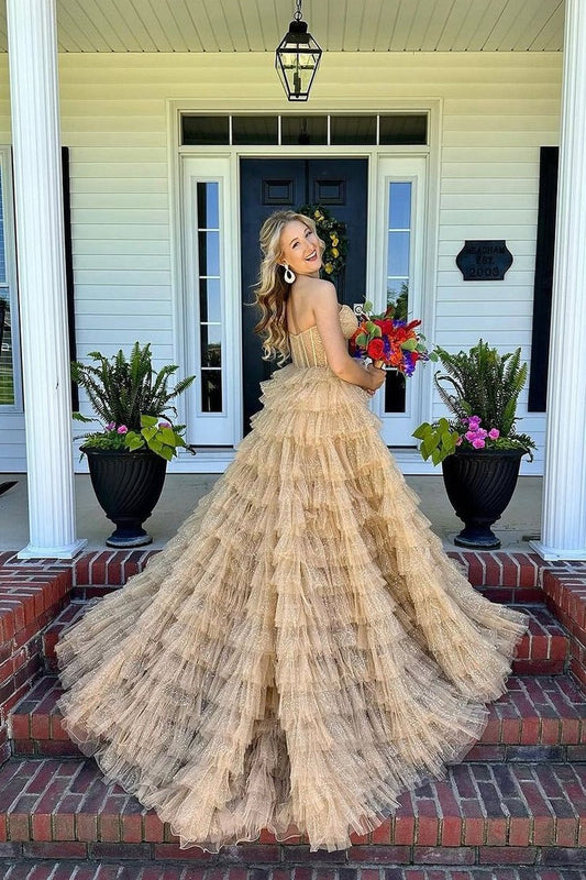 Strapless Ball Gown Gold Tiered Tulle Long Prom Dress, PD25102