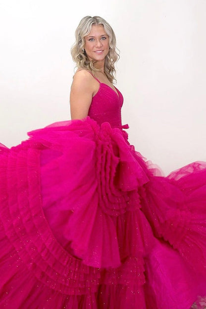 Fuchsia A-Line V Neck Ruffle Tiered Long Prom Dress with Slit, PD25230