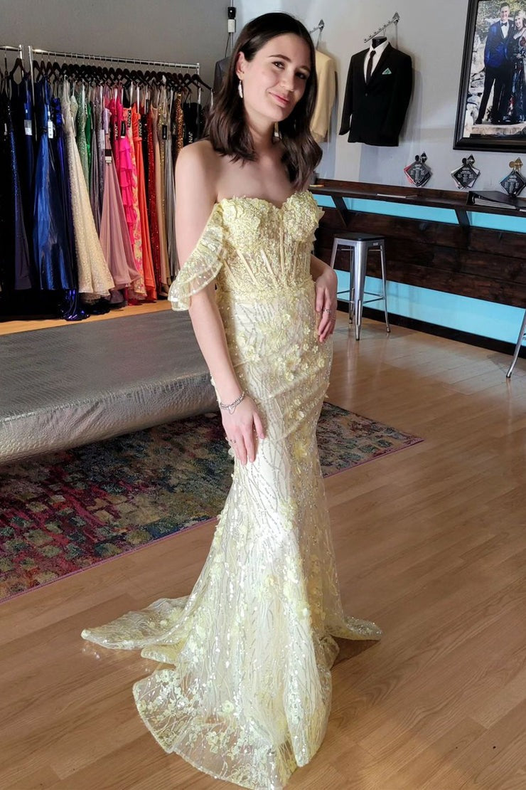 yellow sparkly prom dress Off-the-Shoulder Mermaid Yellow Sequin Appliques Long Prom Dress