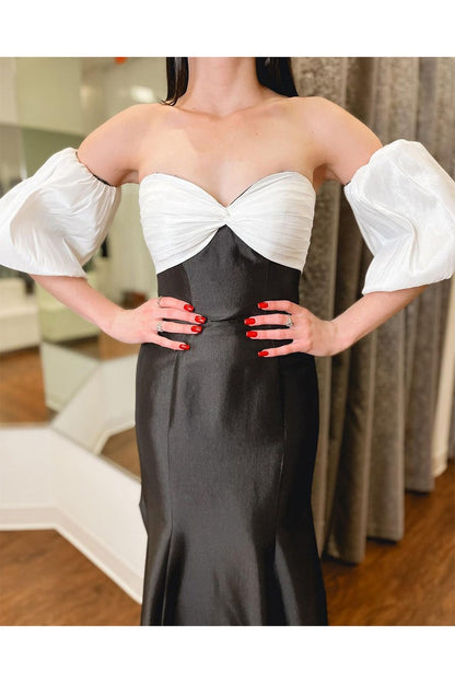 Strapless Two Piece Black and White Satin Long Prom Dresses with Sleeves, PD25195