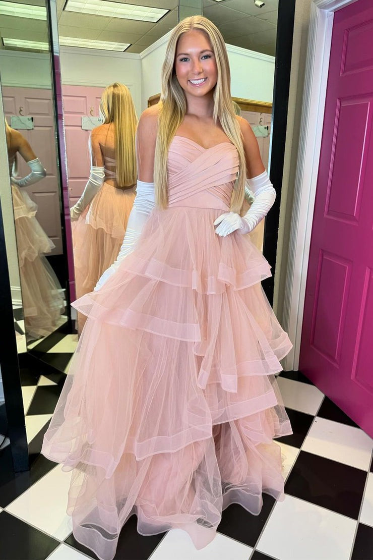 Strapless A Line Blush Pink Ruffle Tiered Tulle Prom Dresses, PD25072