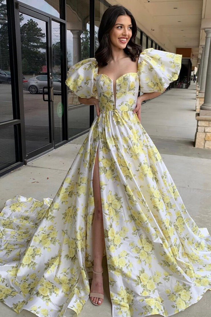 Vintage Sweetheart Puff Sleeves Floral Printed Long Prom Dress with Slit, PD25306