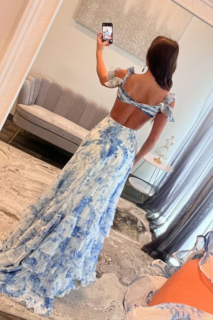 Floral Printed Chiffon Sheath V Neck Ruffled Prom Dress with Slit, PD25251