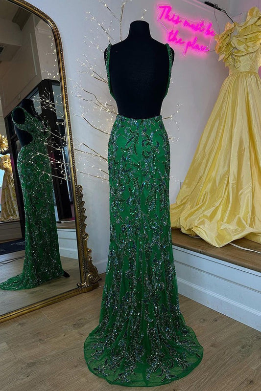 Dark Green V Neck Sequins Lace Mermaid Long Prom Dress with Slit, PD25215