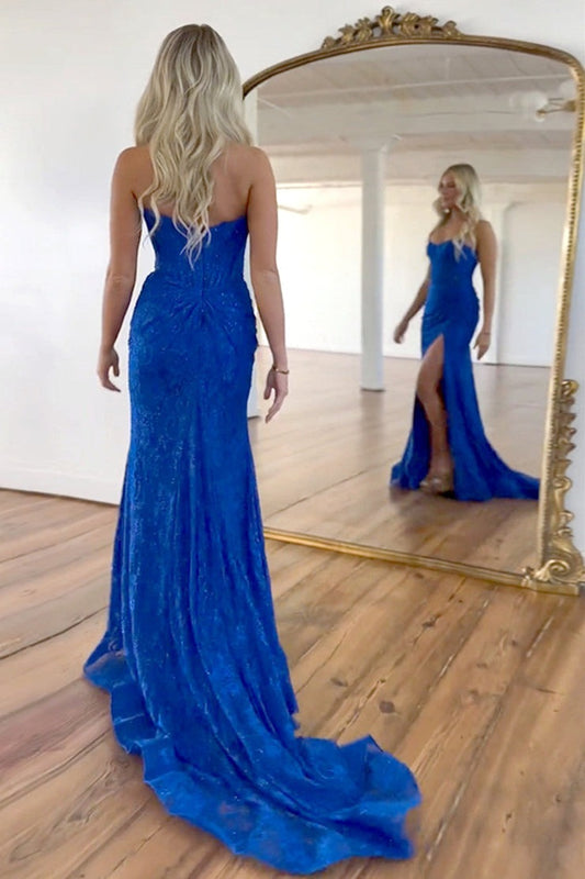 Strapless Mermaid Royal Blue Lace Prom Dress with Slit, PD25098