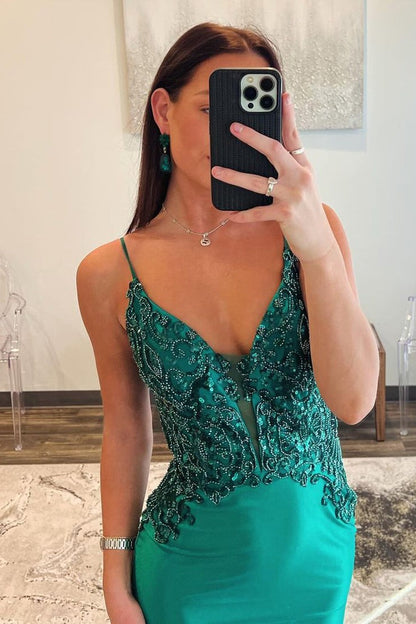 Dark Green V Neck Satin Beaded Long Prom Dress, PD25303