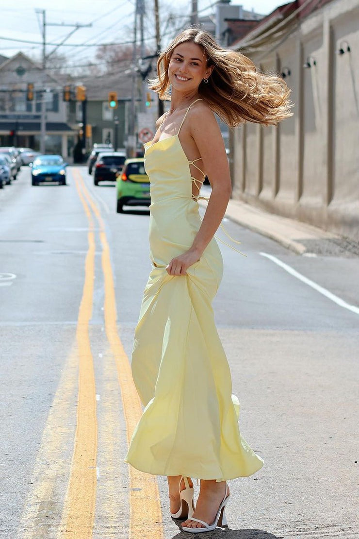 Satin Yellow Cowl Neck Mermaid Long Prom Dress, PD25167