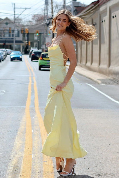 Satin Yellow Cowl Neck Mermaid Long Prom Dress, PD25167