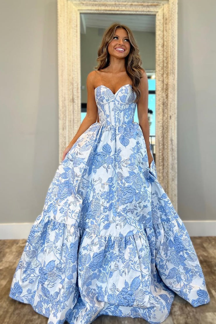 Light Blue Jacquard Satin A Line Sweetheart Tiered Prom Dress, PD25269