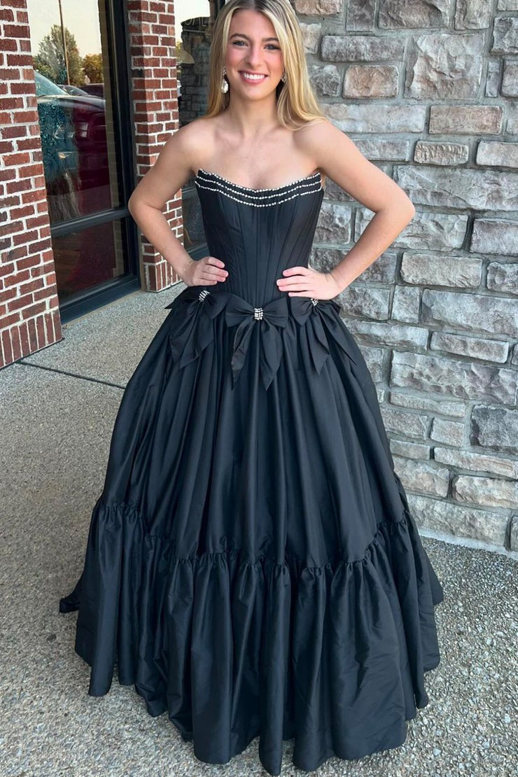 Scoop Neck Ball Gown Black Satin Long Prom Dresses with Beading, PD25038
