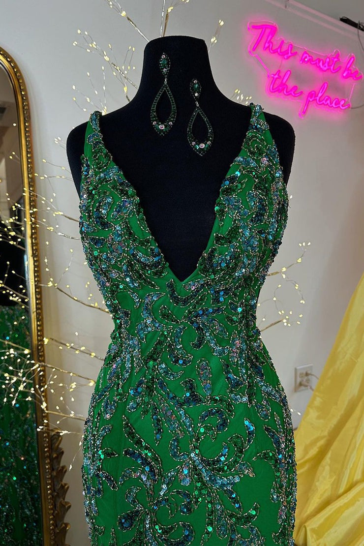Dark Green V Neck Sequins Lace Mermaid Long Prom Dress with Slit, PD25215