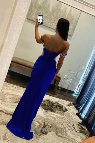 Royal Blue Off-the-Shoulder Beaded Long Prom Dress , PD2404235