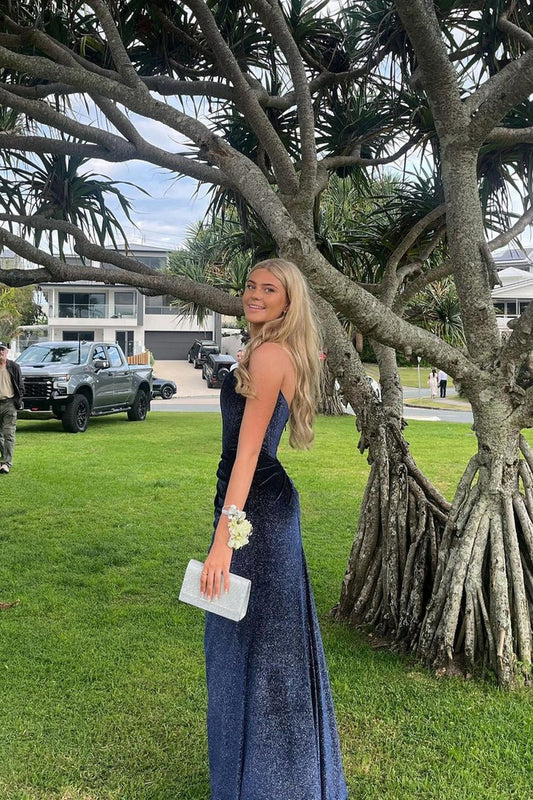 Strapless Mermaid Navy Glitter Velvet Prom Dresses with Slit, PD25004