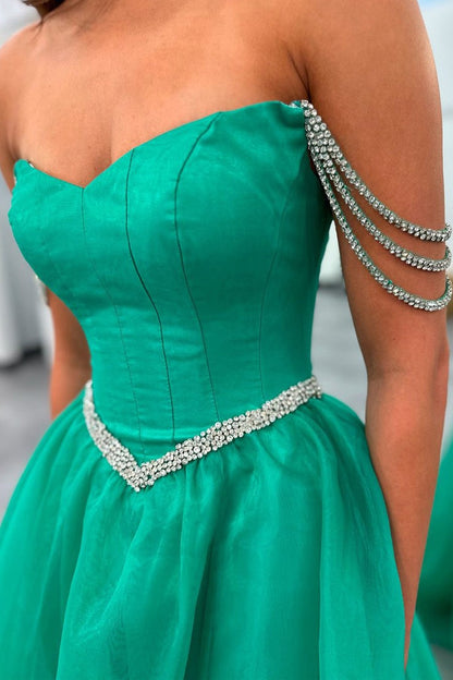 Straps Beaded Green Organza Long Prom Dress, PD25105