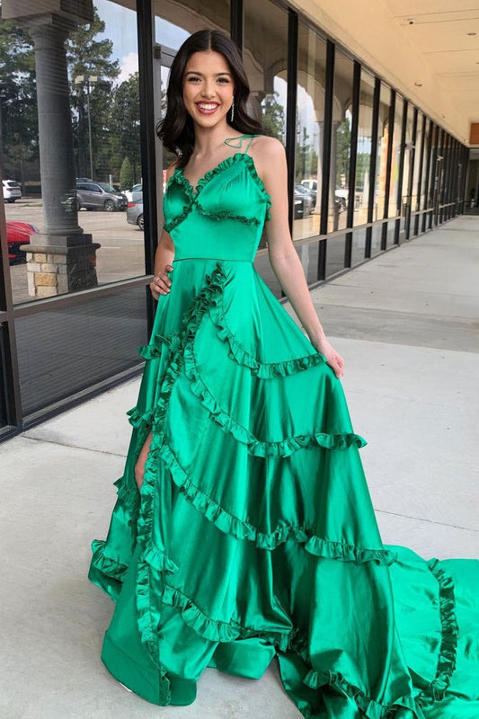 Green Satin A-Line V Neck Prom Dresses with Straps and Ruffle Long, PD25272