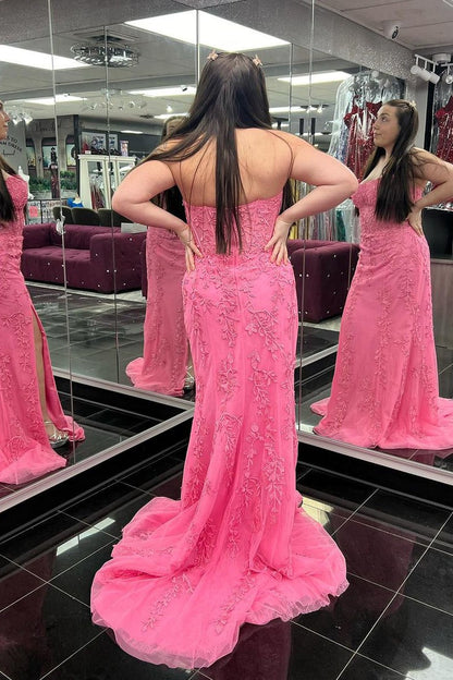Pink Tulle Mermaid Strapless Long Prom Dress with Appliques, PD25315