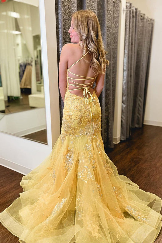 Yellow Sequins Scoop Neck Appliques Mermaid Long Prom Dress, PD25232