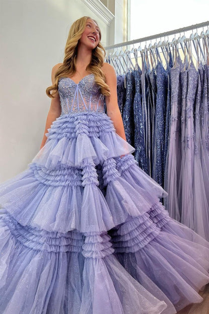 Strapless A Line Lilac Ruffle Tiered Tulle Long Prom Dress with Appliques, PD25128