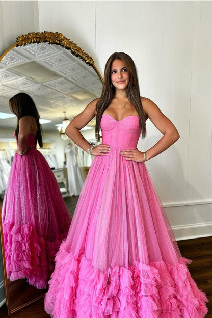 Fuchsia A-Line Strapless Ruffle Tiered Long Prom Dress, PD25220