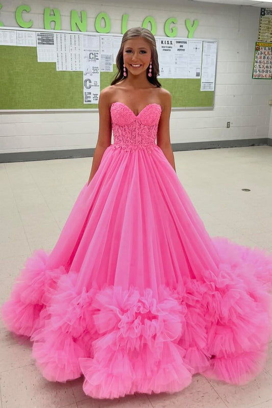 Sweetheart Ball Gown Pink Tiered Tulle Long Prom Dress with Appliques, PD25101