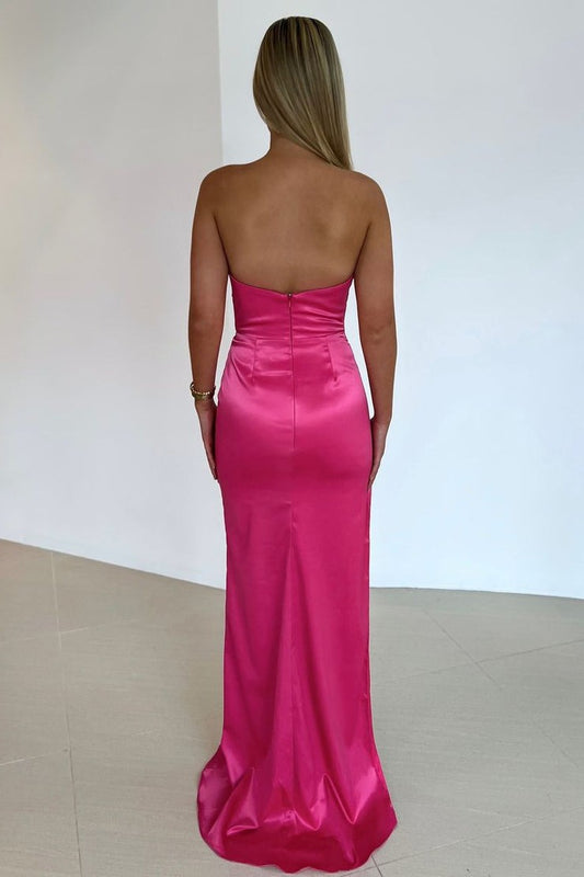 Strapless Mermaid Fuchsia Satin Long Prom Dresses with Slit, PD25091