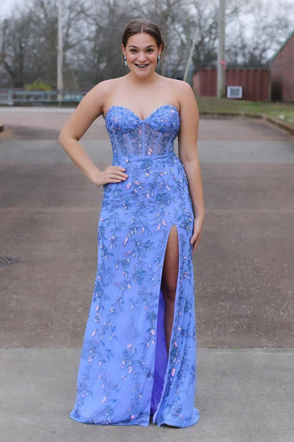 Blue Sequins Appliques Mermaid Strapless Long Prom Dress with Slit, PD25347