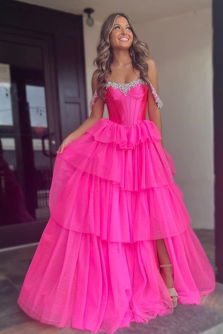 Sweetheart Mermaid Hot Pink Tulle Long Prom Dresses with Beading, PD25042