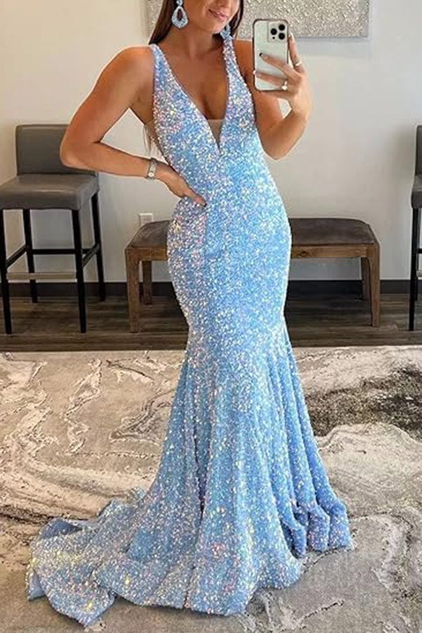 Light Sky Blue Sparkly Plunging Mermaid Prom Dress, PD2404084
