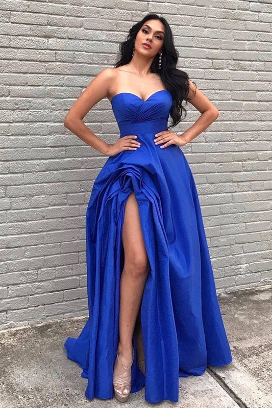 A Line Sweetheart Satin Long Prom Dresses with Slit, PD25020