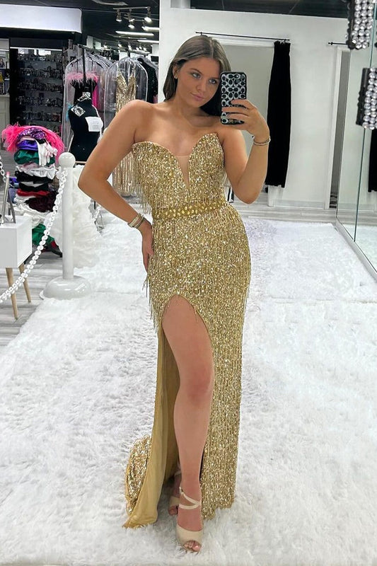 Gold Sequins Mermaid Strapless Long Prom Dress with Slit., PD25286
