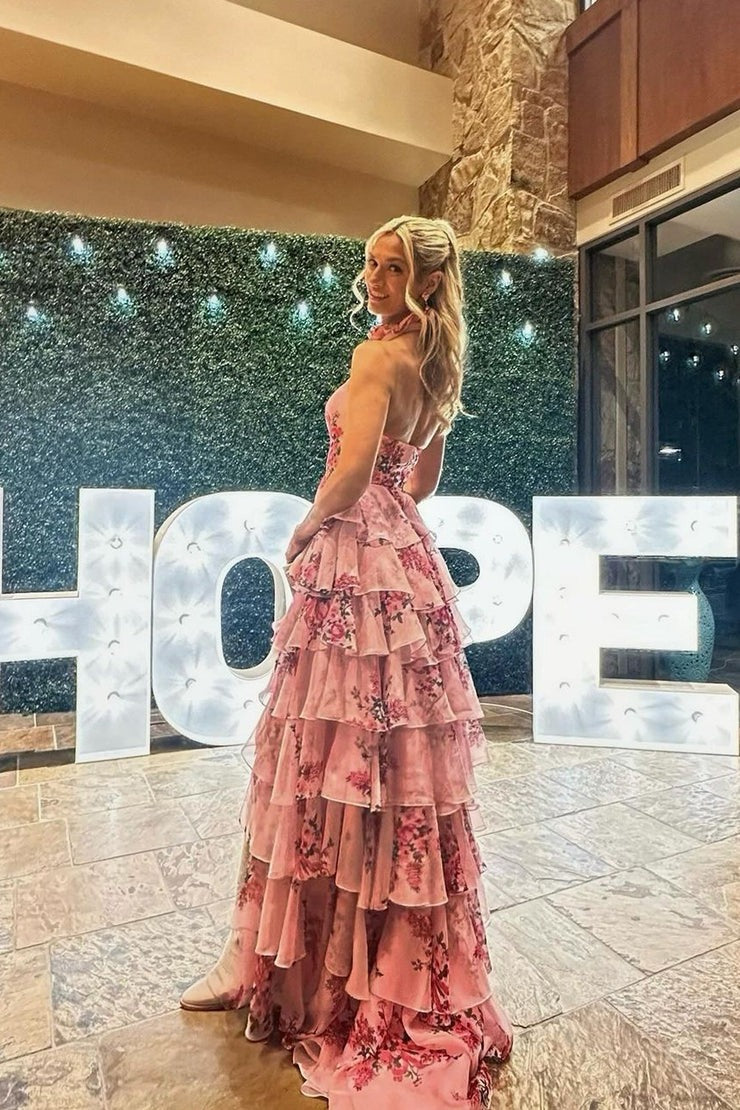 Floral Printed Chiffon A Line Halter Tiered Long Prom Dress, PD25249