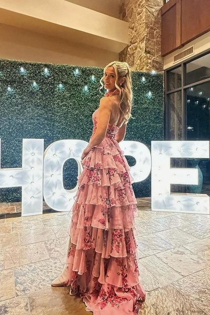 Floral Printed Chiffon A Line Halter Tiered Long Prom Dress, PD25249