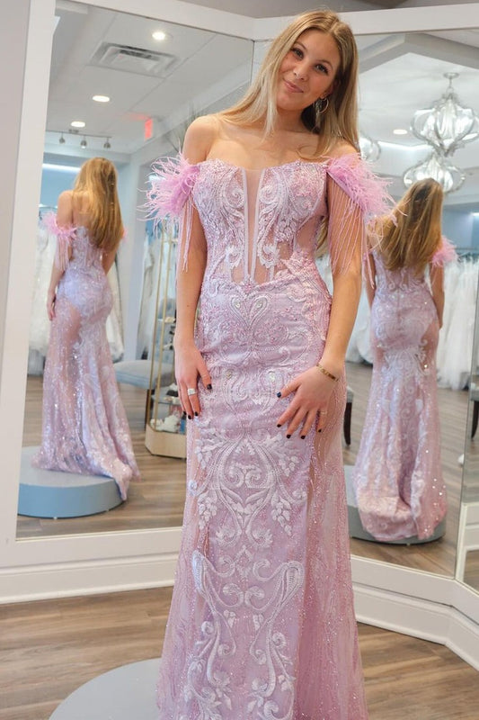 Pink Mermaid Off the Shoulder Sequins Appliques Long Prom Dress, PD25299