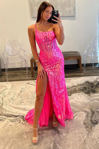 Fuchsia Sequin Lace Mermaid One-Shoulder Long Prom Dress, PD2404182