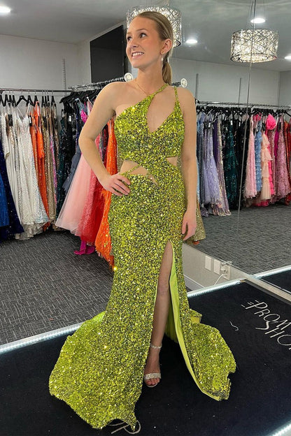 Green Yellow One Shoulder Cutout Sequins Mermaid Long Prom Dress with Slit, PD25231
