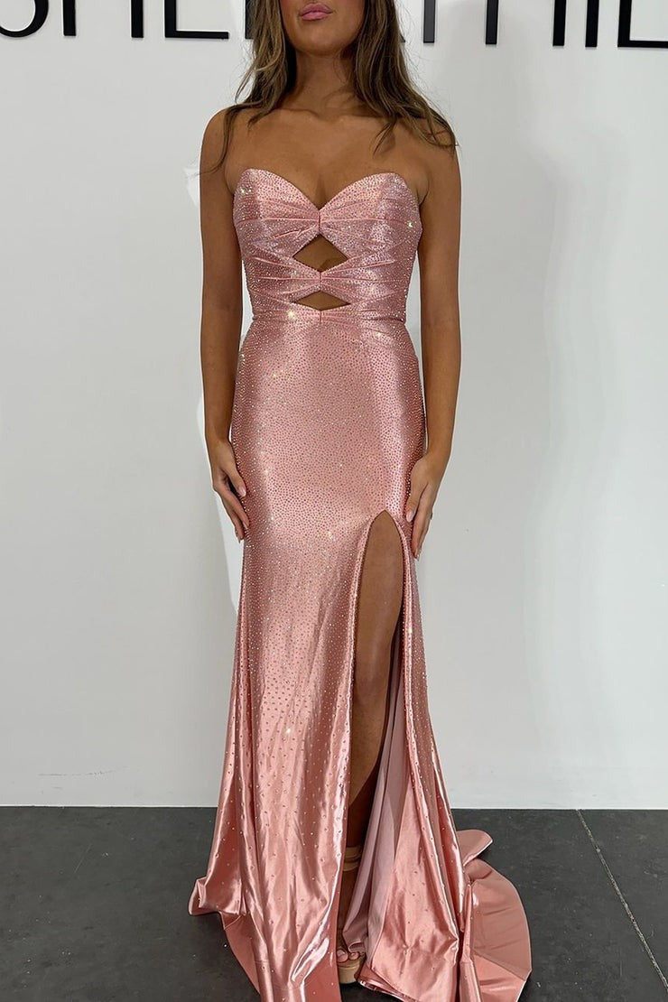 Green Satin Mermaid Sweetheart Cute Sparkly Slit Prom Dress with Beading, PD25336