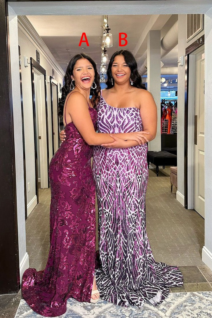 Purple Sequins One Shoulder Mermaid Long Prom Dress, PD25273