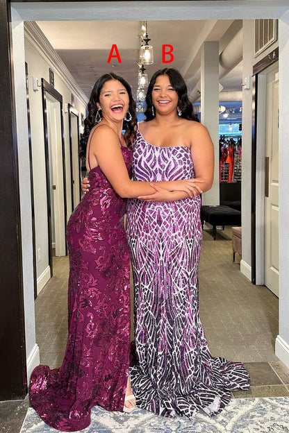 Purple Sequins One Shoulder Mermaid Long Prom Dress, PD25273