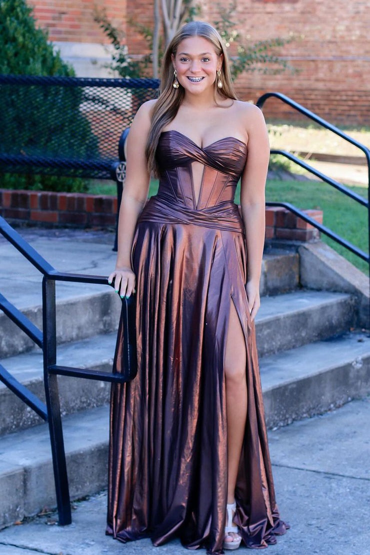 Brown Metallic Satin A Line Sweetheart Prom Dress with Slit, PD25252