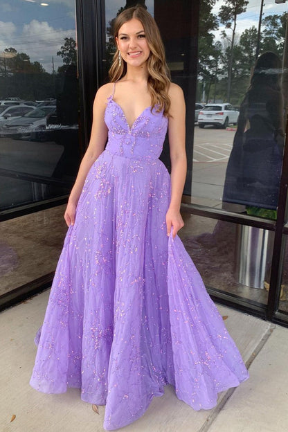 V Neck A-Line Lilac Tulle Long Prom Dresses with Appliques, PD25185