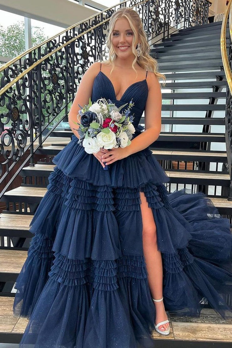 ruffle tiered prom dress V-Neck Navy Blue Ruffle Tiered Tulle Prom Dress with Slit