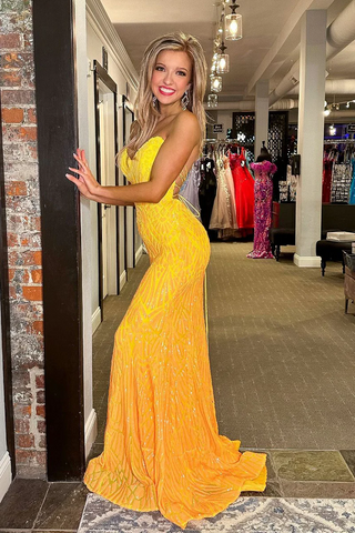 Yellow Strapless Sequin Prom Dress - Long Elegant Mermaid Evening Gown, PD2404075
