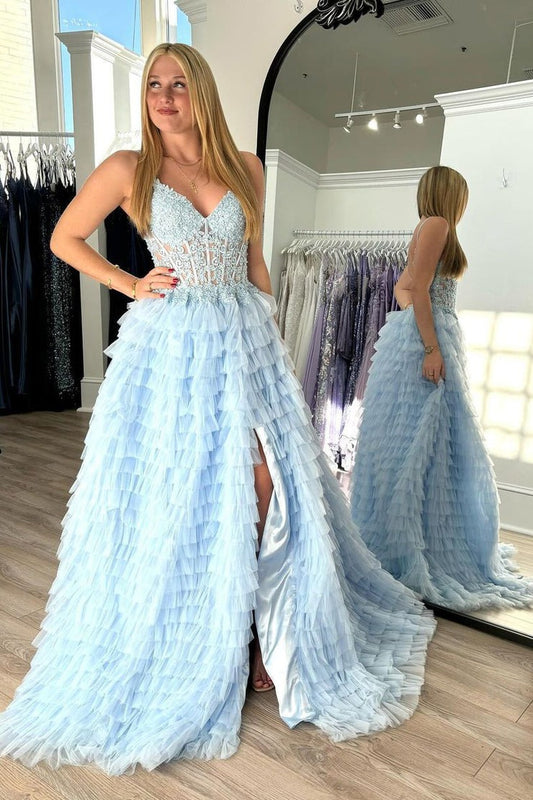 A-Line V Neck Blue Ruffle Tiered Tulle Long Prom Dress with Appliques, PD25130