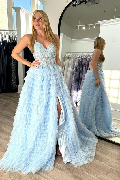 A-Line V Neck Blue Ruffle Tiered Tulle Long Prom Dress with Appliques, PD25130