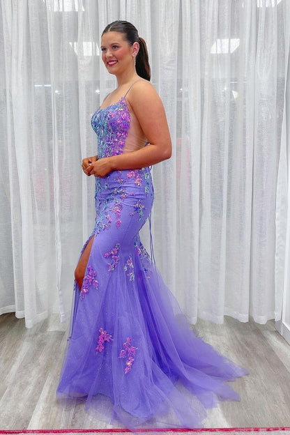 Lavender Sequins Appliques Mermaid Scoop Neck Long Prom Dress, PD25322