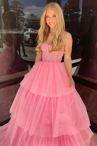 Cute Pink Tiered Tulle Long Prom Dress, PD2404221