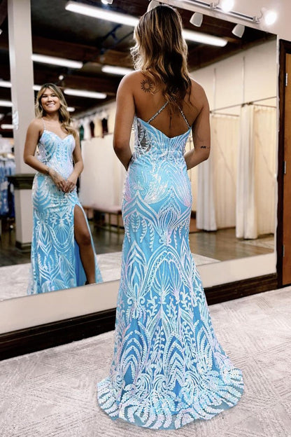 Light Blue Sequins Lace V Neck Mermaid Long Prom Dress, PD25308