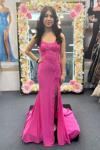 Satin Fuchsia Scoop Neck Mermaid Long Prom Dress with Appliques, PD25168