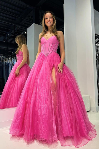 Strapless Pink Beaded Long Prom Dress with Slit, PD25175