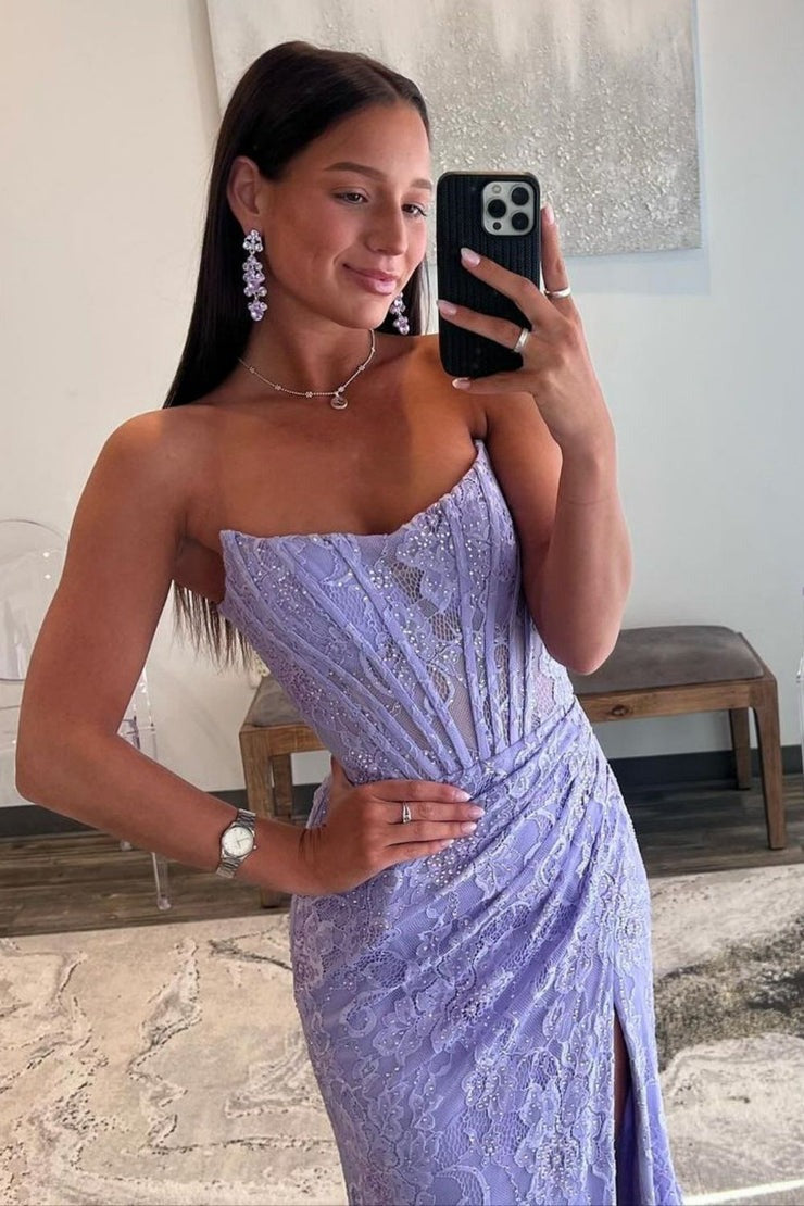 Strapless Mermaid Lilac Lace Prom Dress with Slit, PD25100